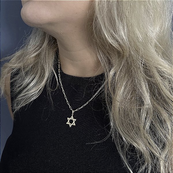 CORRENTE CARTIE ( 2mm 50cm FEM ) + PINGENTE  ESTRELA DE DAVI - BANHADO A OURO 18K.