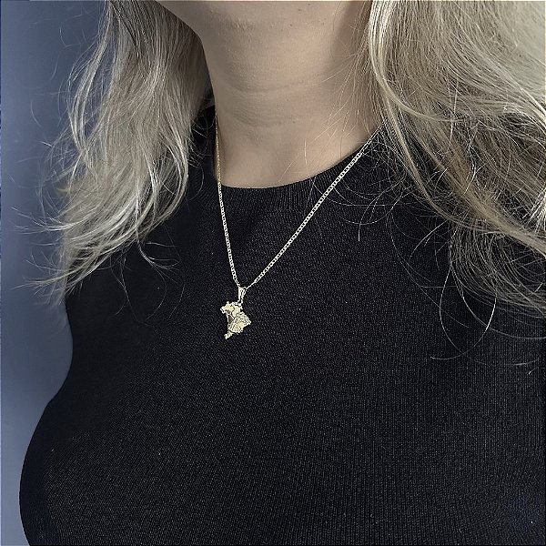 CORRENTE PIASTRINE( 1.8 mm 50cm FEM ) + PINGENTE NOSSA SENHORA COM MAPA DO BRASIL - BANHADO A OURO 18K.
