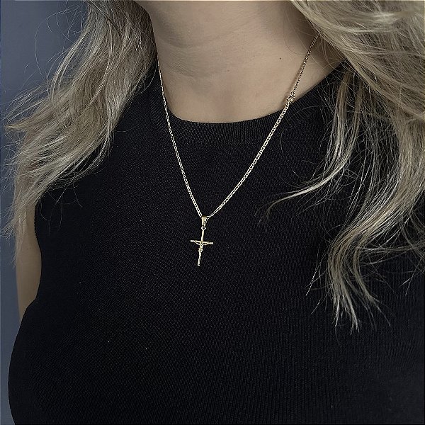 CORRENTE PIASTRINE ( 1.8 mm 50cm FEM ) + PINGENTE CRUCIFIXO COM JESUS - BANHADO A OURO 18K.