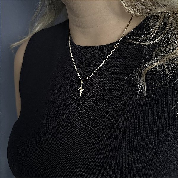 CORRENTE PIASTRINE ( 1.8 mm 50cm FEM ) + PINGENTE CRUCIFIXO PEQUENO - BANHADO A OURO 18K.