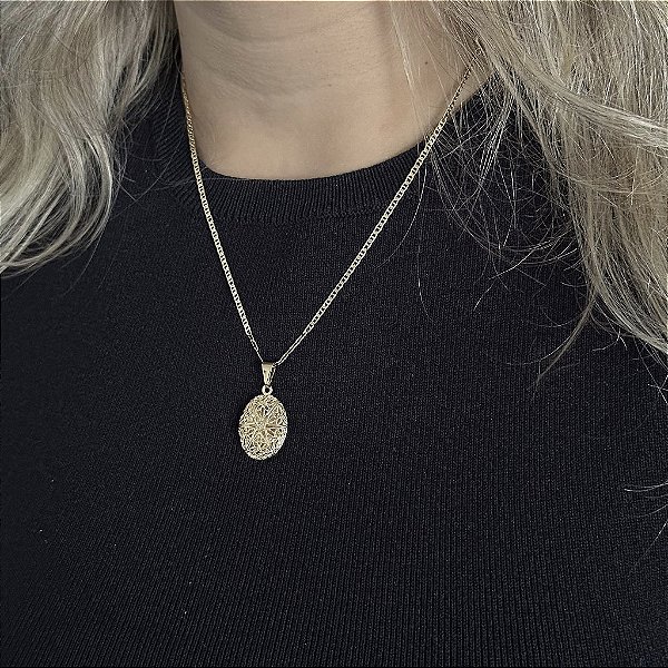CORRENTE PIASTRINE ( 1.8 mm 50cm FEM ) + PINGENTE RELICÁRIO - BANHADO A OURO 18K.