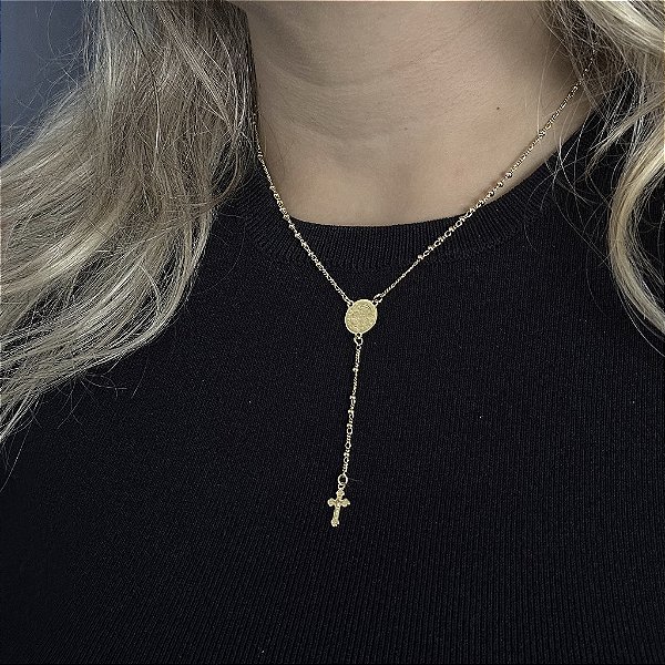 TERÇO  SÃO BENTO ( 1.8mm 50cm FEM ) - BANHO DE OURO 18k