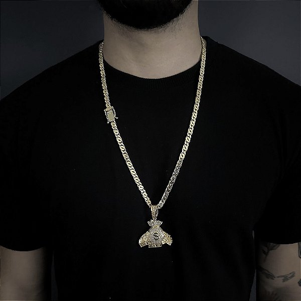 CORRENTE  OITINHO  (6mm  28G)  70cm + PINGENTE MALOTE CRAVEJADO - BANHO DE OURO