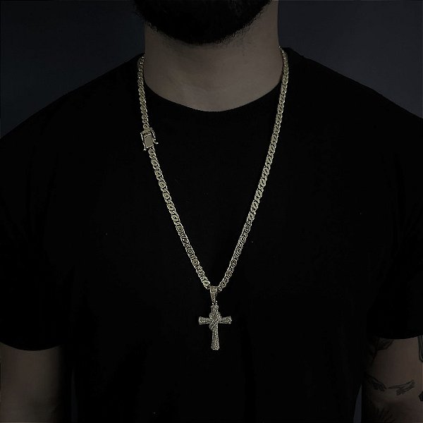 CORRENTE  OITINHO  (6mm  28G)  70cm + PINGENTE CRUZ AMARRADA CEAVEJADA  -   FECHO COM MARCAÇÃO 750 - BANHO DE OURO