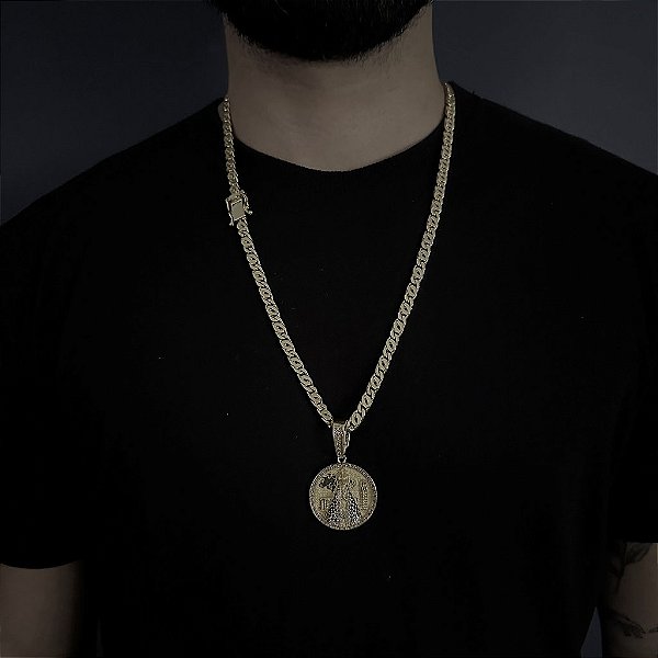 CORRENTE  OITINHO  (6mm  28G)  70cm + PINGENTE MEDALHA NOSSA SENHORA   -  FECHO COM MARCAÇÃO 750 - BANHO DE OURO