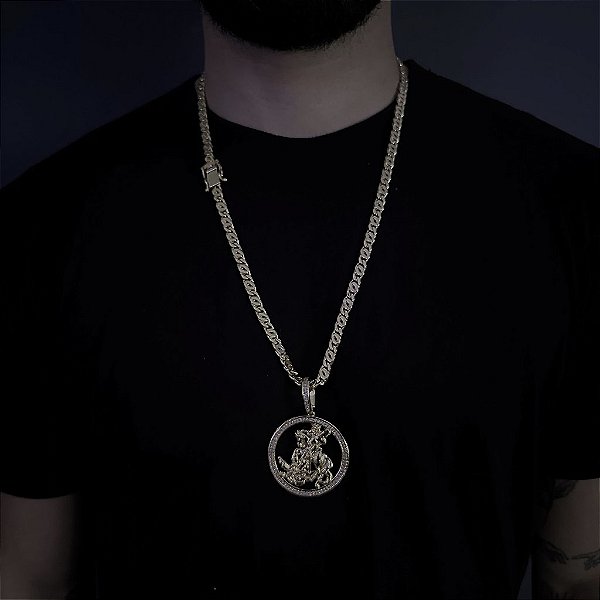 CORRENTE  OITINHO  (6mm  28G)  70cm + PINGENTE MEDALHA SÃO  JORGE CRAVEJADO  - BANHO DE OURO