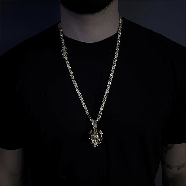 CORRENTE  OITINHO  (6mm  28G)  70cm + PINGENTE  PITBULL 5D  - BANHO DE OURO 18k