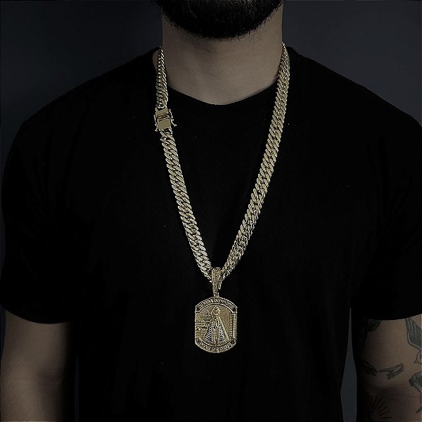 CORRENTE LACRAIA (13mm -70cm) + PINGENTE DETALHADO NOSSA SENHORA GRANDE -  FECHO COM MARCAÇÃO 750 -BANHADO A OURO 18K