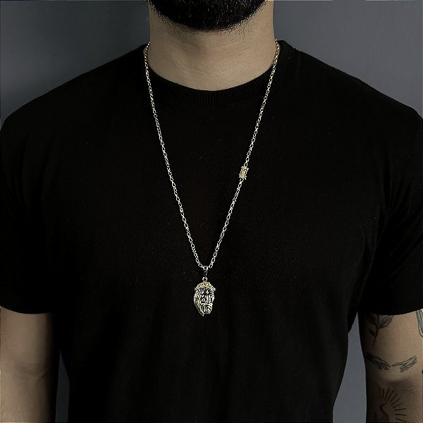 CORRENTE TIJOLINHO FECHO GAVETA ( 2MM- 70CM) + PINGENTE ROSTO DE JESUS - FECHO COM MARCAÇÃO 750 - BANHO DE OURO 18k