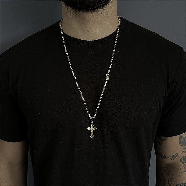 CORRENTE TIJOLINHO FECHO GAVETA ( 2MM- 70CM) + PINGENTE  CRUZ RACIONAIS - FECHO COM MARCAÇÃO 750 - BANHO DE OURO 18k