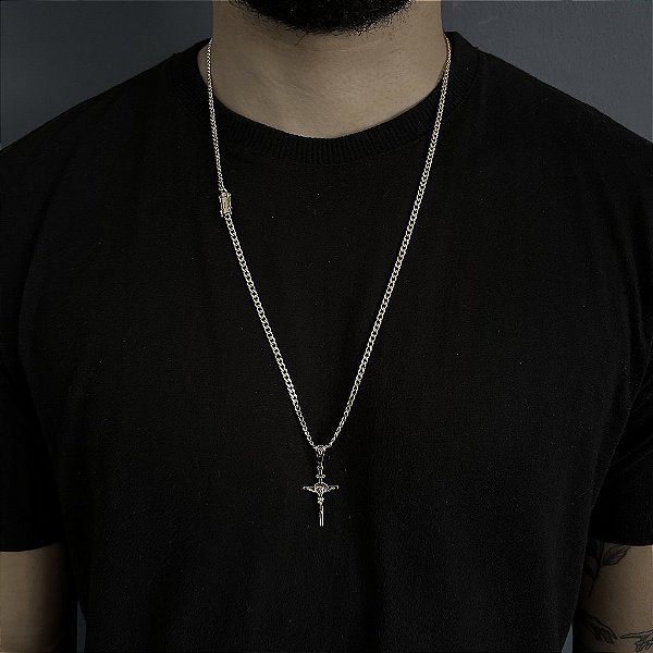CORRENTE PITBULL (2MM- 70CM) + PINGENTE  CRUCIFIXO -FECHO COM MARCAÇÃO 750 - BANHADO A OURO 18K