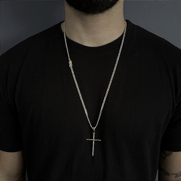CORRENTE PITBULL (2MM- 70CM) + PINGENTE  CRUZ PALITO MÉDIA - FECHO COM MARCAÇÃO 750 -BANHADO A OURO 18K
