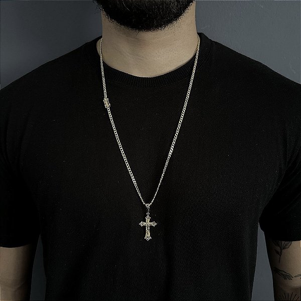 CORRENTE PITBULL (2MM- 70CM) + PINGENTE  CRUZ RACIONAIS - FECHO COM MARCAÇÃO 750 - BANHADO A OURO 18K