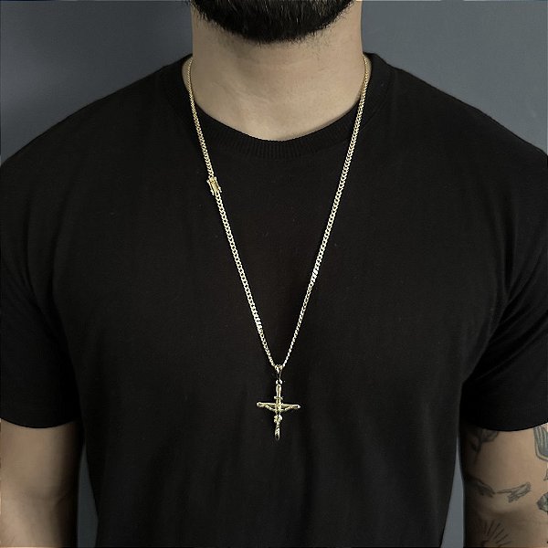 CORRENTE PITBULL (2MM- 70CM) + PINGENTE  CRUCIFIXO MÉDIO - BANHADO A OURO 18K