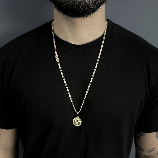 CORRENTE PITBULL (2MM- 70CM) + PINGENTE  LEÃO DA TRIBO DE JUDÁ - BANHADO A OURO 18K