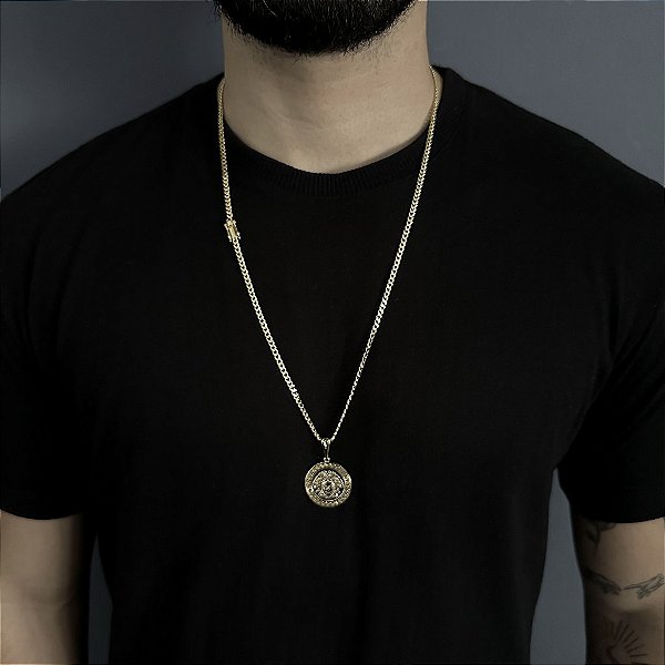 CORRENTE PITBULL (2MM- 70CM) + PINGENTE  MEDUSA -FECHO COM MARCAÇÃO 750 - BANHADO A OURO 18K