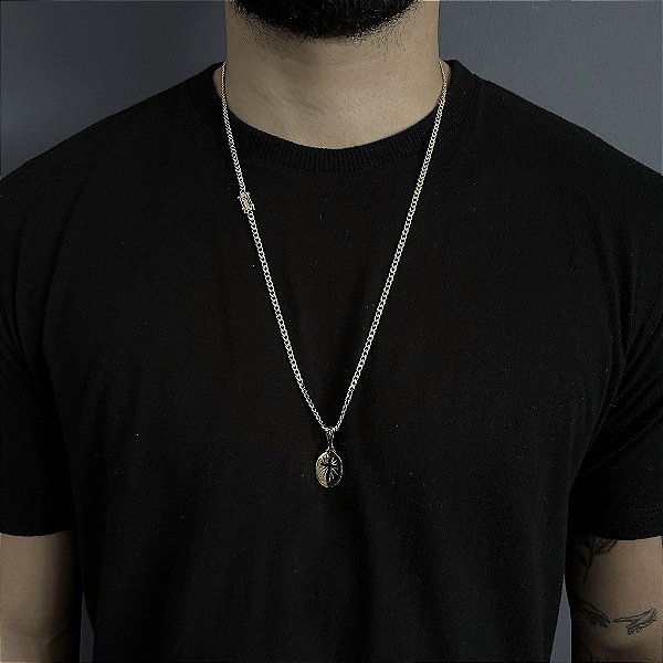 CORRENTE PITBULL (2MM- 70CM) + PINGENTE  MEDALHA OVAL COM CRUZ VAZADA - FECHO COM MARCAÇÃO 750 - BANHADO A OURO 18K