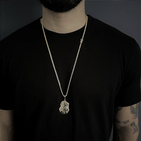 CORRENTE TIJOLINHO FECHO GAVETA ( 2MM- 70CM) + PINGENTE  ROSTO DE JESUS - BANHO DE OURO 18k