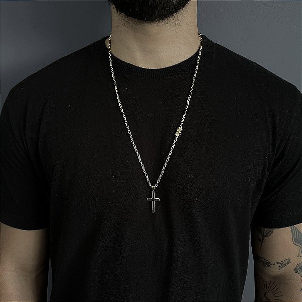 CORRENTE TIJOLINHO FECHO GAVETA ( 2MM- 70CM) + PINGENTE  CRUZ  LISA - FECHO COM MARCAÇÃO 750 - BANHO DE OURO 18k