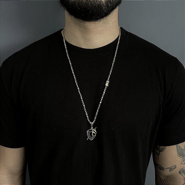 CORRENTE TIJOLINHO FECHO GAVETA ( 2MM- 70CM) + PINGENTE  ESCUDO DA FÉ - FECHO COM MARCAÇÃO 750 - BANHO DE OURO 18k