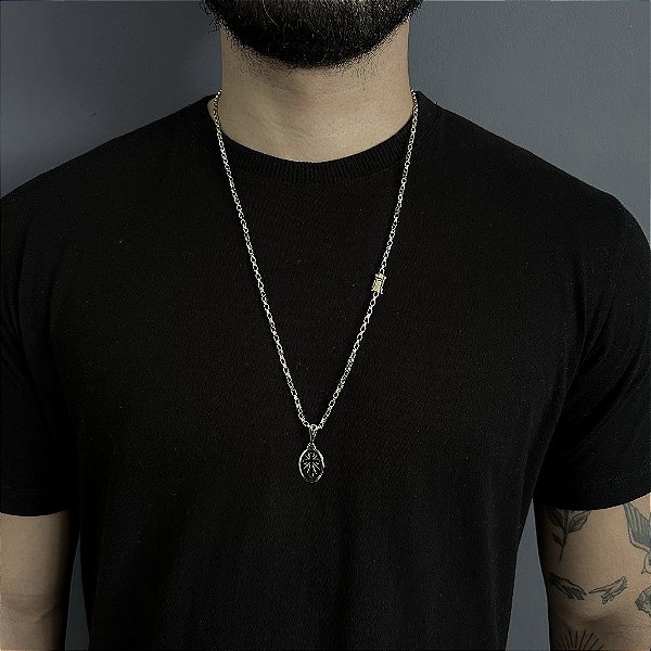 CORRENTE TIJOLINHO FECHO GAVETA ( 2MM- 70CM) + PINGENTE  MEDALHA OVAL CRUZ VAZADA - BANHO DE OURO 18k