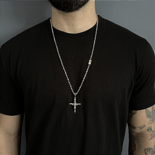 CORRENTE TIJOLINHO FECHO GAVETA ( 2MM- 70CM) + PINGENTE CRUCIFIXO M - BANHO DE OURO 18k
