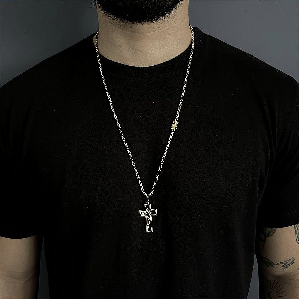 CORRENTE TIJOLINHO FECHO GAVETA ( 2MM- 70CM) + PINGENTE CRUCIFIXO COM JESUS VAZADO - BANHO DE OURO 18k