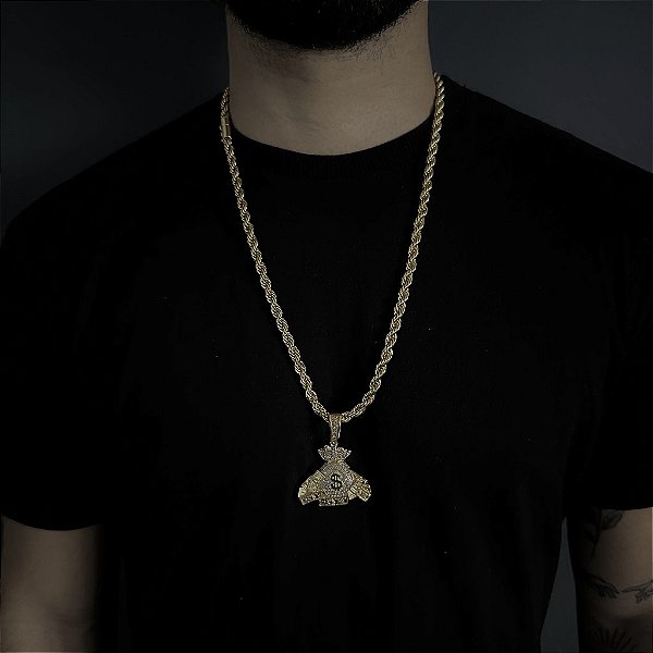 CORRENTE  BAIANA  FECHO CANHÃO ( 6mm - 60G )-  70cm + PINGENTE MALOTE CRAVEJADO  - BANHADO A OURO 18k