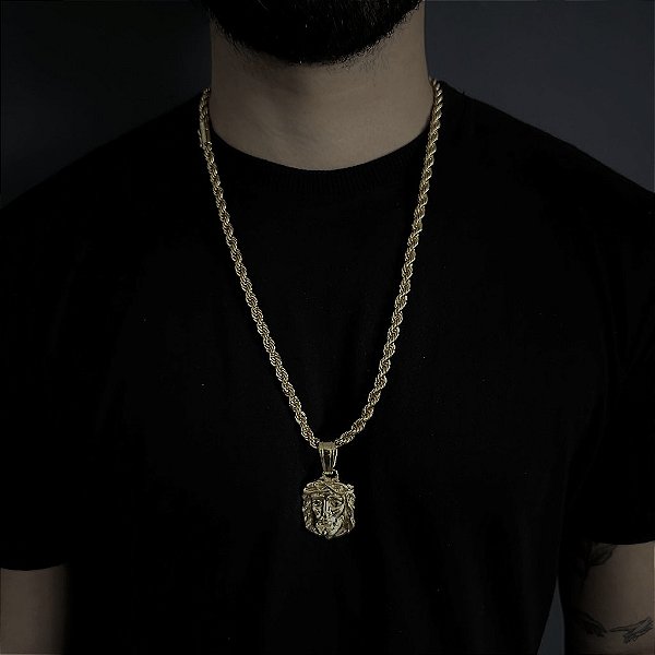 CORRENTE  BAIANA  FECHO CANHÃO ( 6mm - 60G )-  70cm + PINGENTE FACE DE CRISTO - BANHADO A OURO 18k