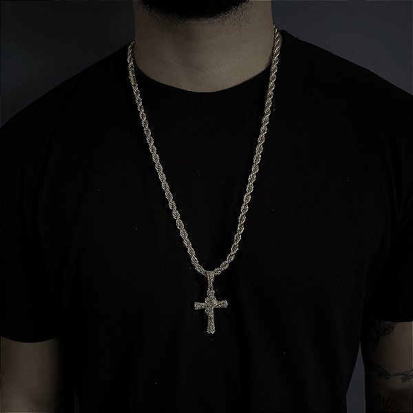 CORRENTE  BAIANA  FECHO CANHÃO ( 6mm - 60G )-  70cm + PINGENTE CRUZ  CRAVEJADA - BANHADO A OURO 18k