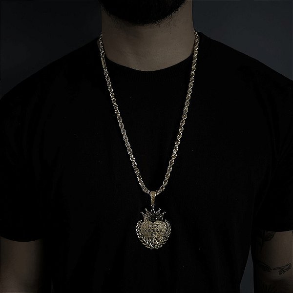 CORRENTE  BAIANA  FECHO CANHÃO ( 6mm - 60G )-  70cm + PINGENTE CORAÇÃO  JESUS É O DONO DO LUGAR - BANHADO A OURO 18k