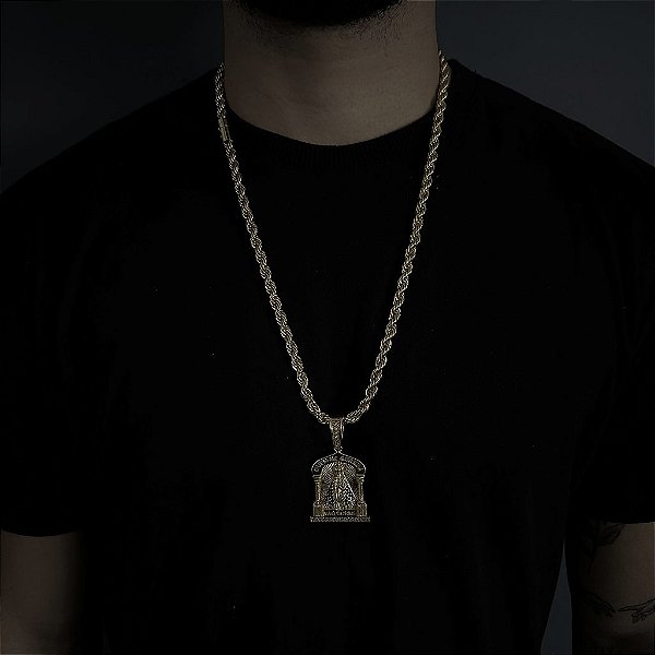 CORRENTE  BAIANA  FECHO CANHÃO ( 6mm - 60G )-  70cm + PINGENTE NOSSA SENHORA COM TEMPLO - BANHADO A OURO 18k