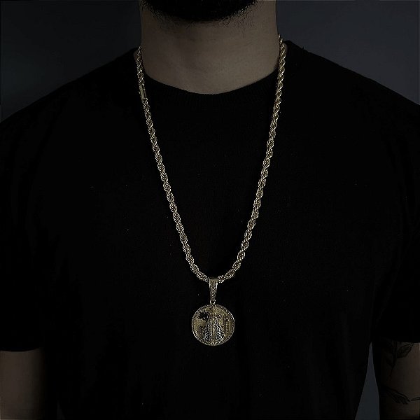 CORRENTE  BAIANA  FECHO CANHÃO ( 6mm - 60G )-  70cm + PINGENTE MEDALHA  NOSSA SENHORA - BANHADO A OURO 18k