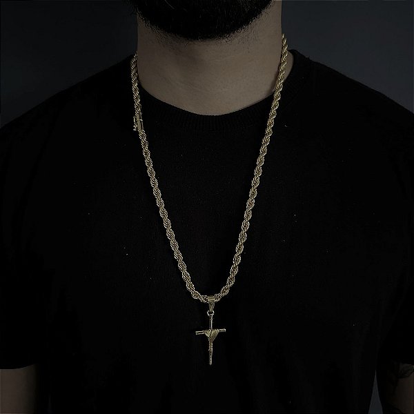 CORRENTE  BAIANA  FECHO CANHÃO ( 6mm - 60G )-  70cm + PINGENTE CRUZ AMARRADA  M - BANHADO A OURO 18k