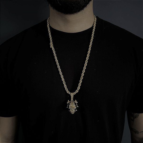 CORRENTE  BAIANA  FECHO CANHÃO ( 6mm - 60G )-  70cm + PINGENTE PITBULL 5D  M - BANHADO A OURO 18k