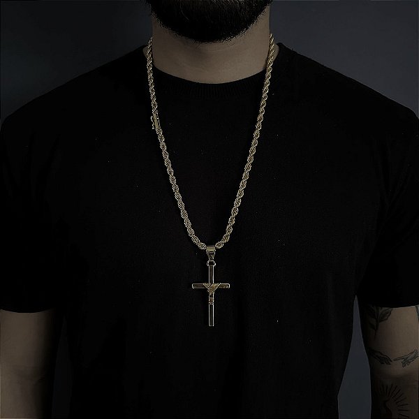 CORRENTE  BAIANA  FECHO CANHÃO ( 6mm - 60G )-  70cm + PINGENTE CRUZ AMARRADA G - BANHADO A OURO 18k