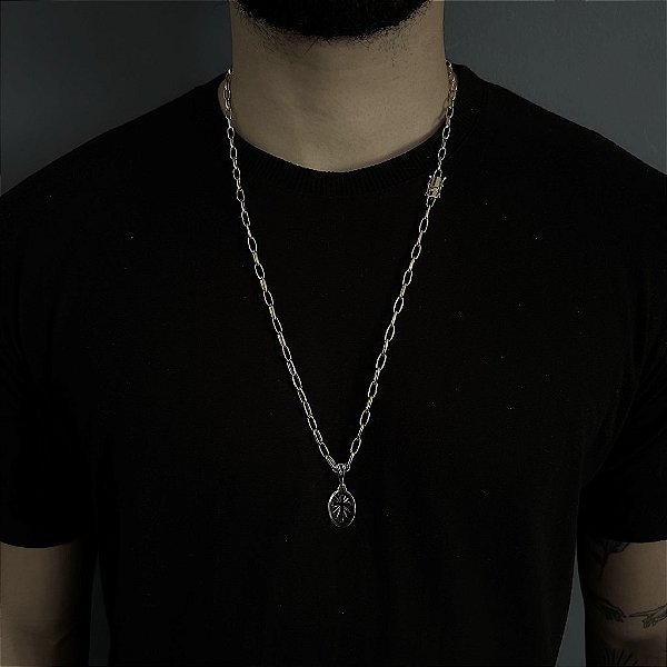 CORRENTE  CARTIE MEIA CANA ( 70cm- 4mm) + PINGENTE MEDALHA OVAL COM CRUZ VAZADA - BANHADO A OURO 18K