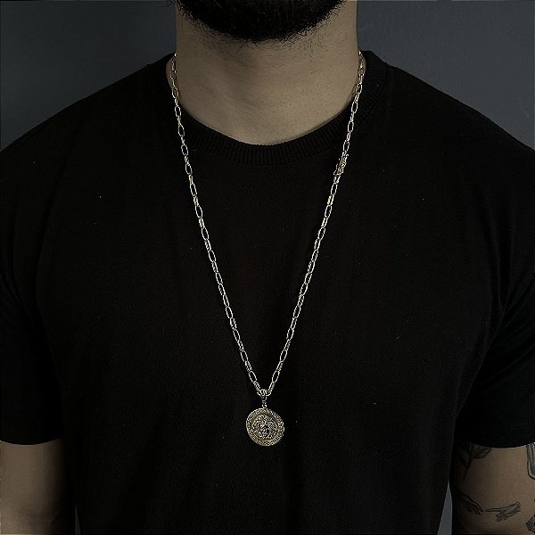 CORRENTE  CARTIE MEIA CANA ( 70cm- 4mm) + PINGENTE MEDALHA MEDUSA  - BANHADO A OURO 18K