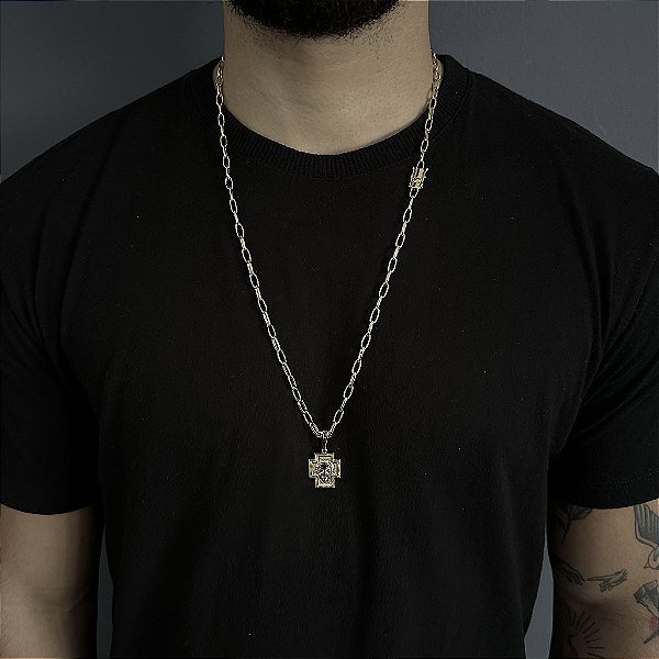 CORRENTE  CARTIE MEIA CANA ( 70cm- 4mm) + PINGENTE CRUZ  LEÃO -  FECHO COM MARCAÇÃO 750 - BANHADO A OURO 18K