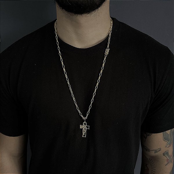 CORRENTE  CARTIE MEIA CANA ( 70cm- 4mm) + PINGENTE CRUZ COM JESUS - FECHO COM MARCAÇÃO 750 -  BANHADO A OURO 18K