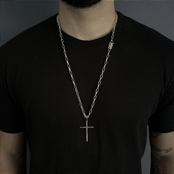 CORRENTE  CARTIE MEIA CANA ( 70cm- 4mm) + PINGENTE CRUZ PALITO M - BANHADO A OURO 18K