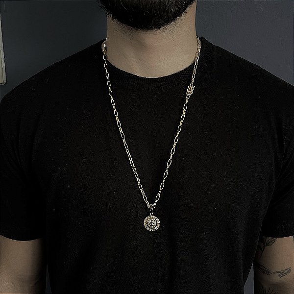 CORRENTE  CARTIE MEIA CANA ( 70cm- 4mm) + PINGENTE MEDALHA LEÃO  DA TRIBO DE JUDÁ - BANHADO A OURO 18K