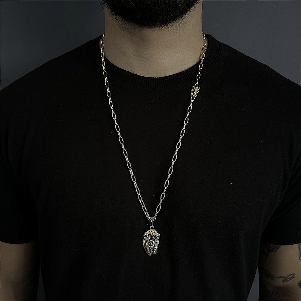 CORRENTE  CARTIE MEIA CANA ( 70cm- 4mm) + PINGENTE ROSTO DE JESUS CRISTO - FECHO COM MARCAÇÃO 750 - BANHADO A OURO 18K