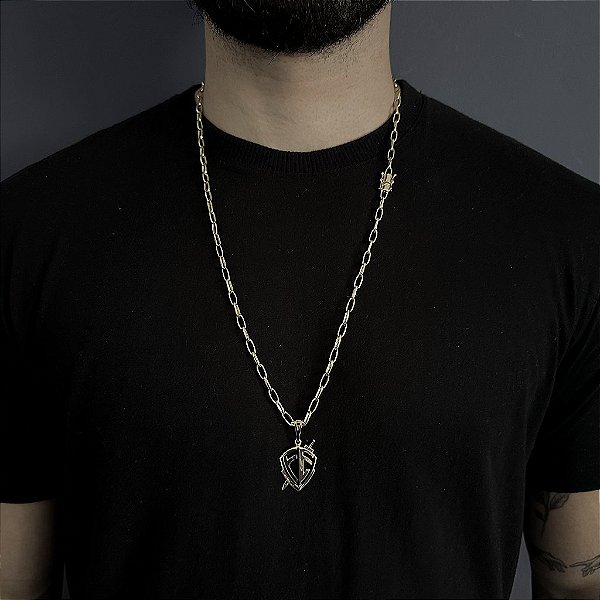 CORRENTE  CARTIE MEIA CANA ( 70cm- 4mm) + PINGENTE ESCUDO DA FÉ - BANHADO A OURO 18K