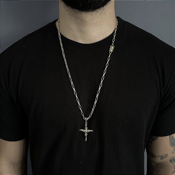 CORRENTE  CARTIE MEIA CANA ( 70cm- 4mm) + PINGENTE CRUCIFIXO  - FECHO COM MARCAÇÃO 750 - BANHADO A OURO 18K