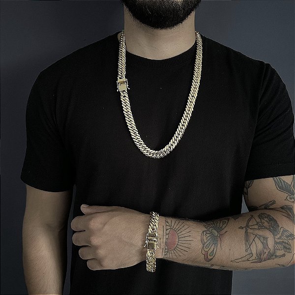 CORRENTE LACRAIA (13mm -70cm)  + PULSEIRA LACRAIA DE 13mm 21cm - BANHADO A OURO 18K