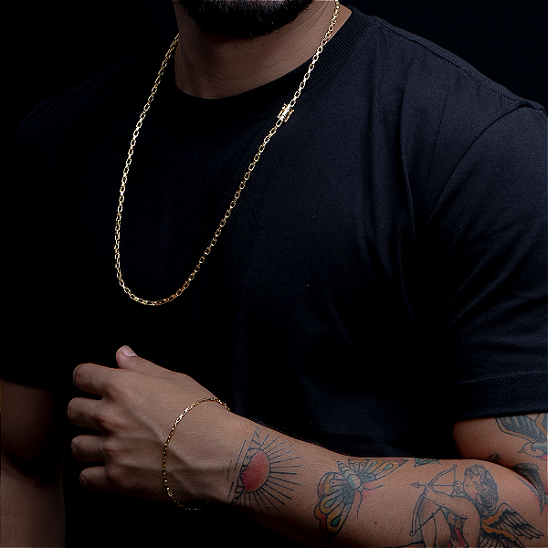 CORRENTE TIJOLINHO  FECHO CANHÃO   (3mm-70cm) + PULSEIRA TIJOLINHO  FECHO CANHÃO   (3mm-20cm) - BANHADO A OURO 18K