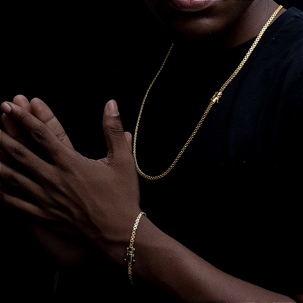 CORRENTE CADEADO DUPLO FECHO GAVETA  (3mm-70CM) + PULSEIRA CADEADO DUPLO FECHO GAVETA  (3mm-20CM) - FECHO COM MARCAÇÃO 750 - BANHADO A OURO 18K