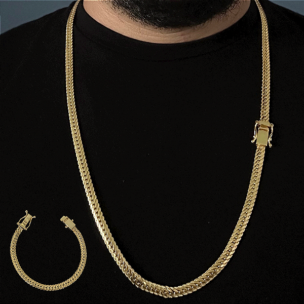 CORRENTE + PULSEIRA LACRAIA FLAT FECHO GAVETA (7mm- 70cm)  - BANHADO A OURO 18K