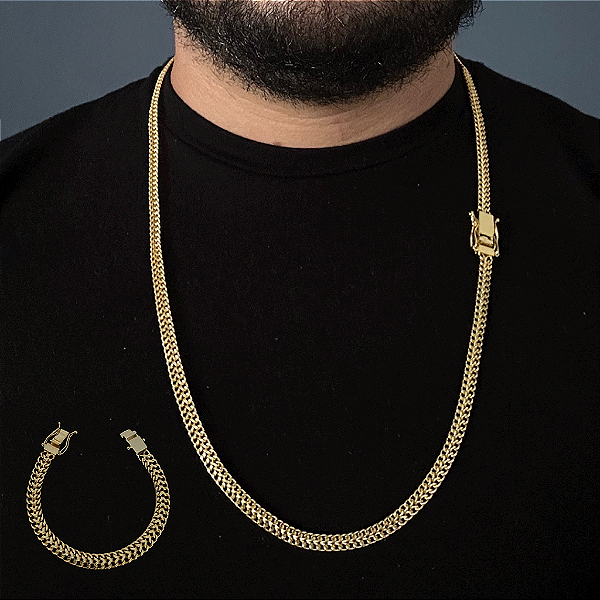 CORRENTE + PULSEIRA GRUMET  DUPLA FECHO GAVETA (7mm- 70cm)  - BANHADO A OURO 18K
